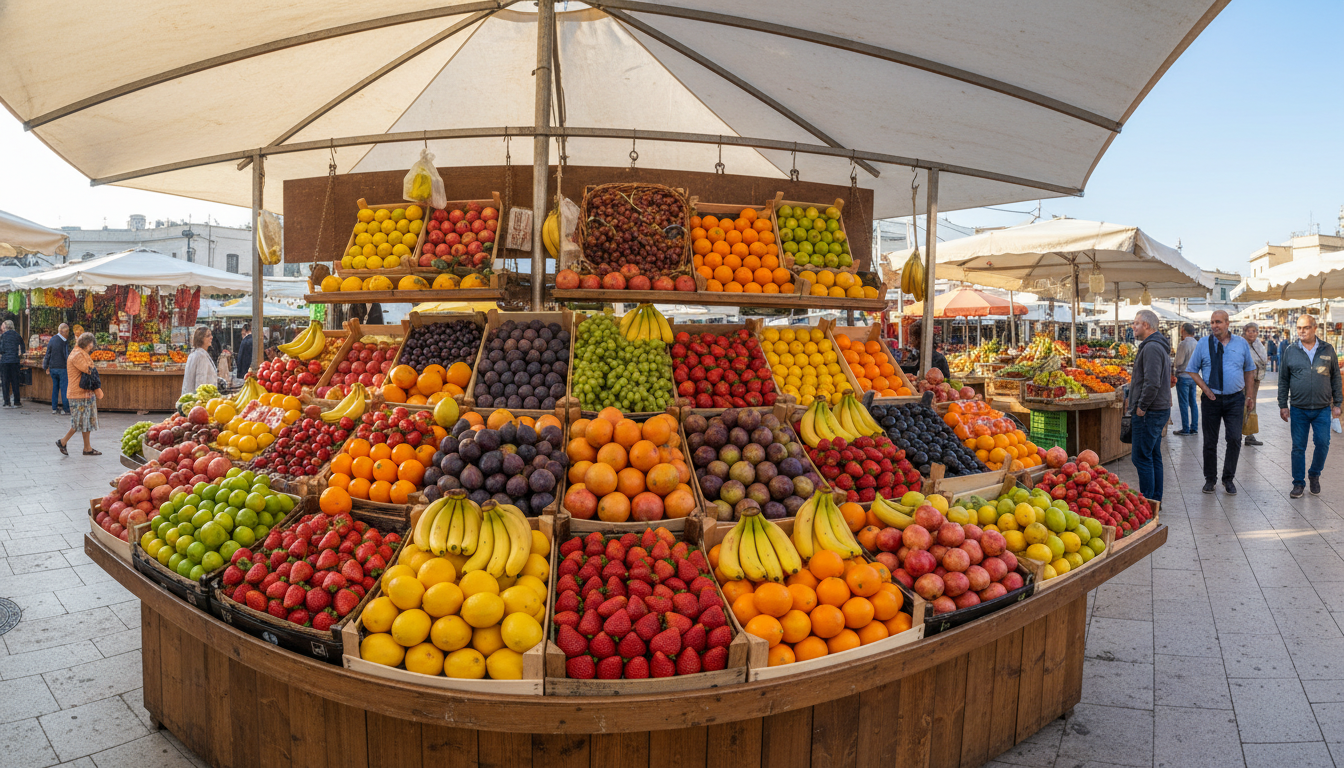 A fresh produce market stall in morning light