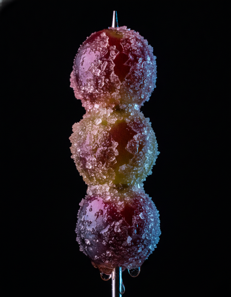 A skewer of glossy candied grapes on dark background