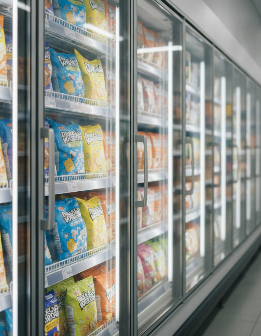 A supermarket freezer aisle