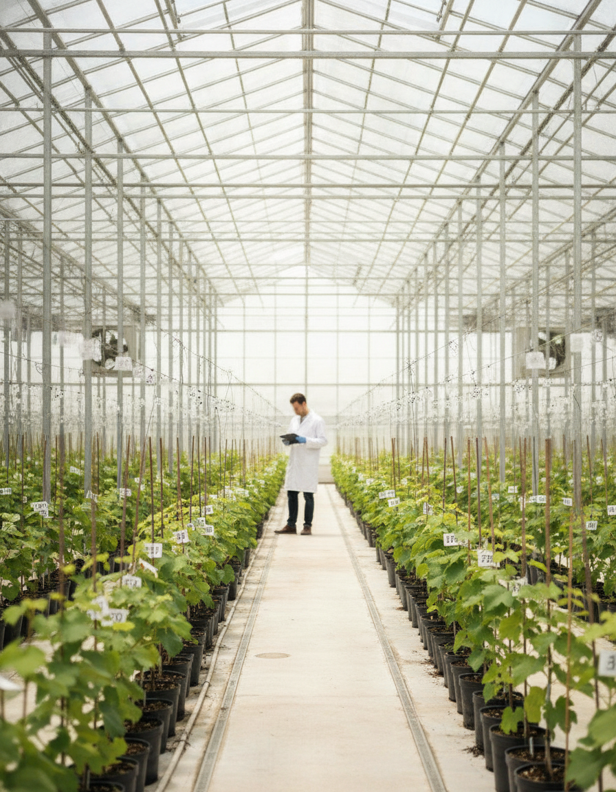 Young trial vines in a breeding greenhouse